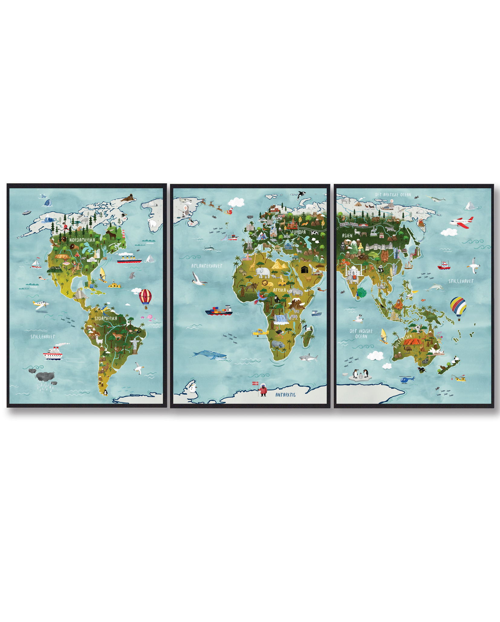 Verdenskort til børn - håndtegnet plakat (3 delt)