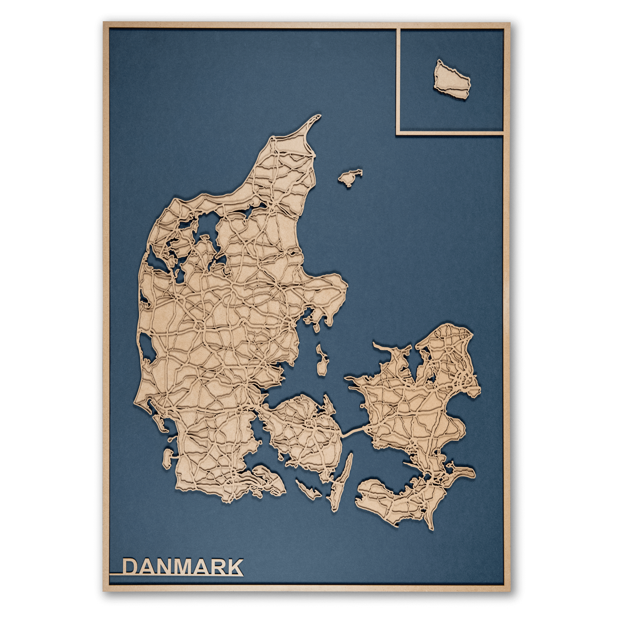 Elegant Blåt Danmarkskort 60 x 84 cm - Unik Vægdekoration