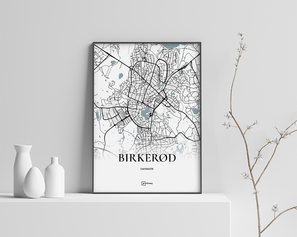 Birkerød Bykort Plakat - Hvid 60x84 cm A1 Kvalitet