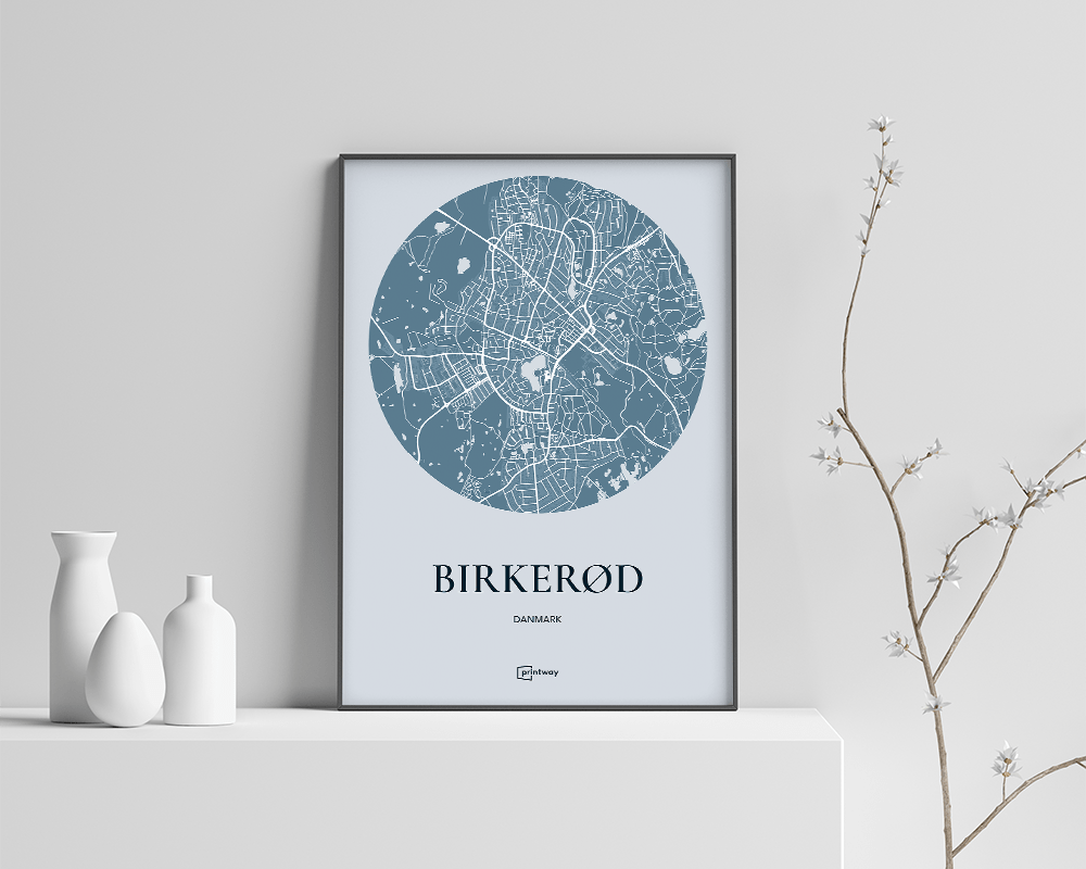 Birkerød Bykort Plakat - Havblå 70x100 cm - Minimalistisk Design