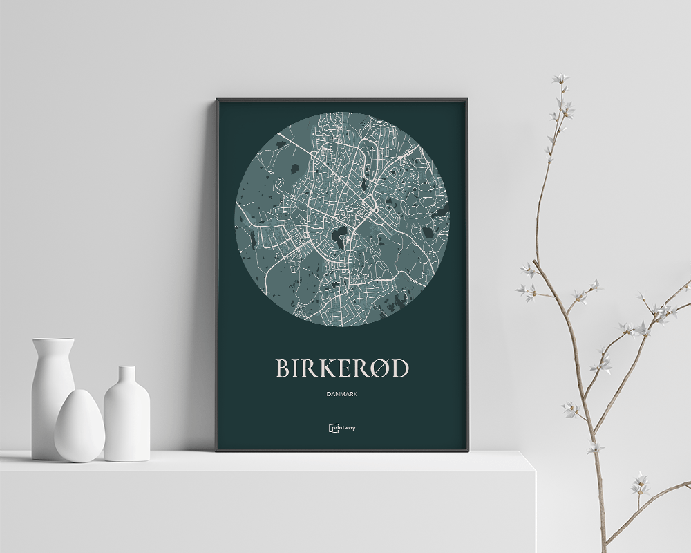 Birkerød Bykort Plakat i Skovgrøn - 21x30 cm A4