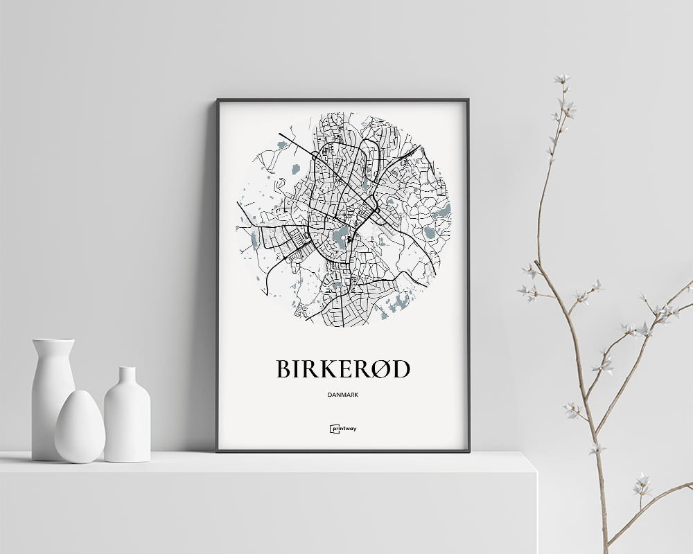 Birkerød Bykort Plakat - Minimalistisk Design A4 21x30 cm