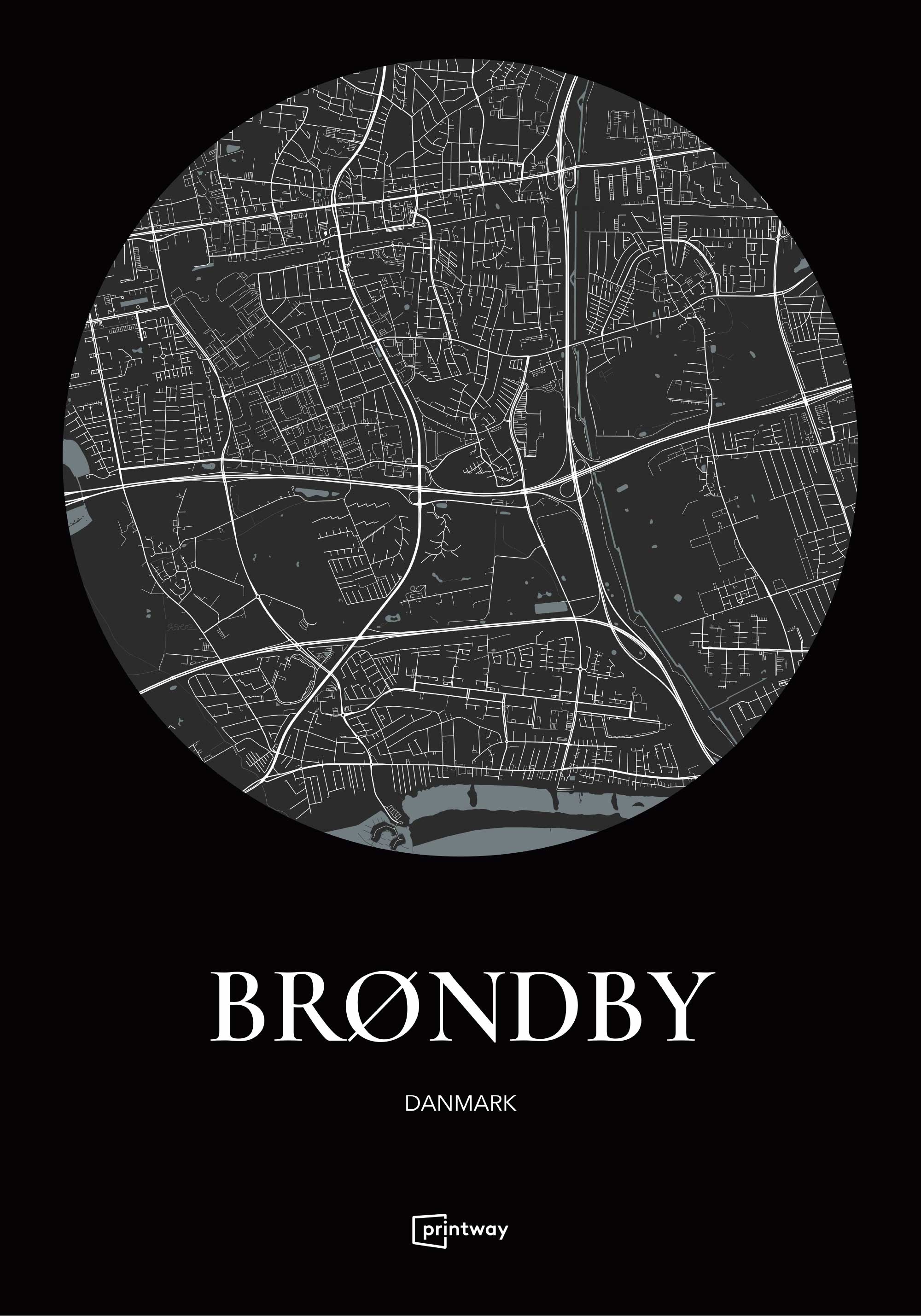 Brøndby Bykort Plakat - Minimalistisk Design 70x100 cm