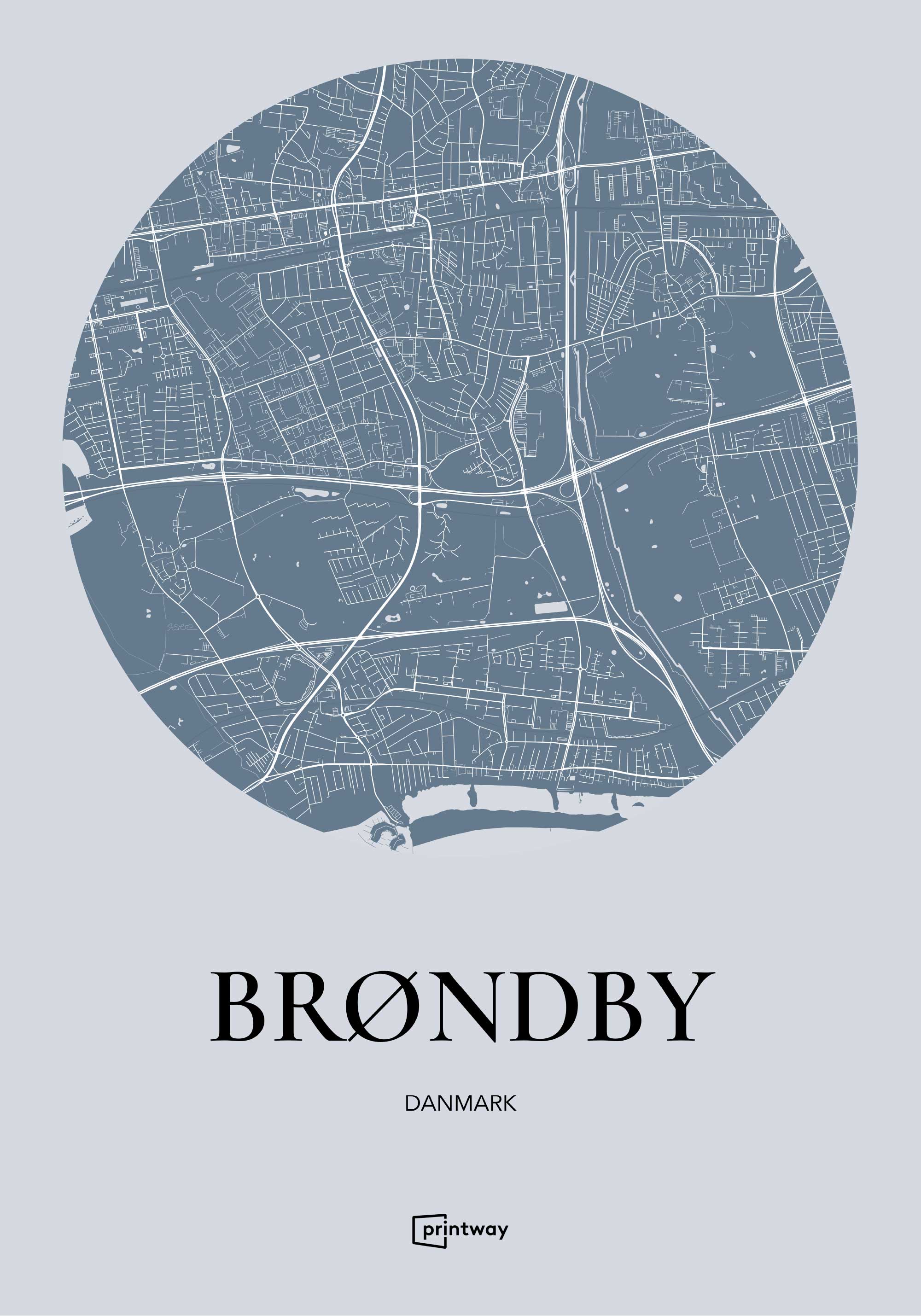 Brøndby Bykort Plakat - Havblå Rundt Kort 70x100 cm