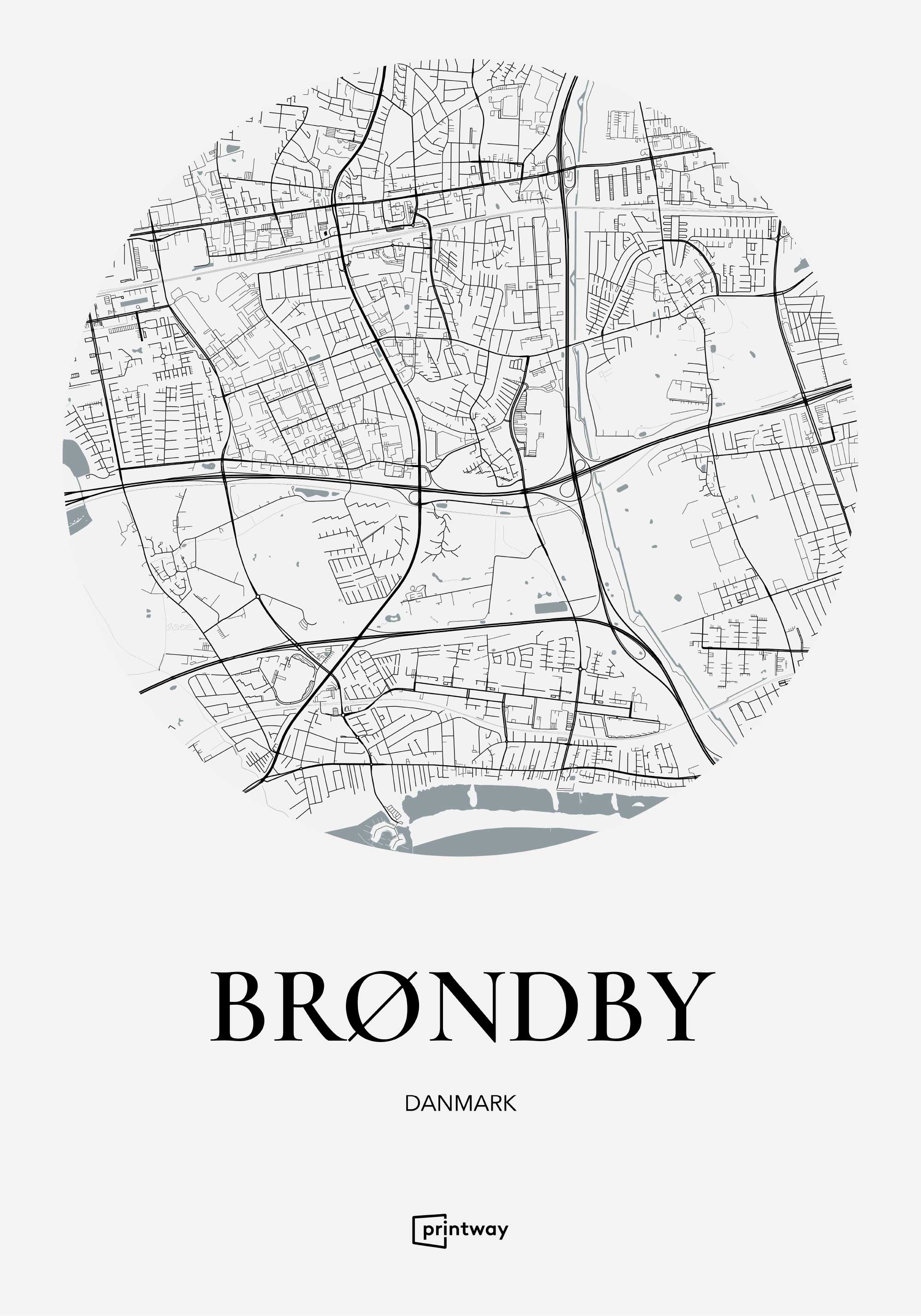 Brøndby Bykort Plakat - Hvid 70x100 cm (B1)