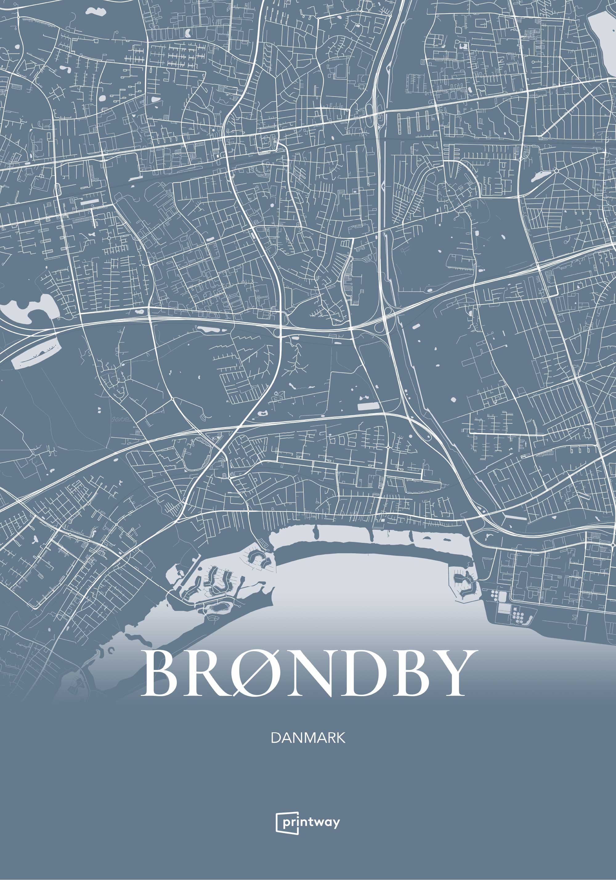 Brøndby Bykort Plakat - Havblå 70x100 cm (B1)