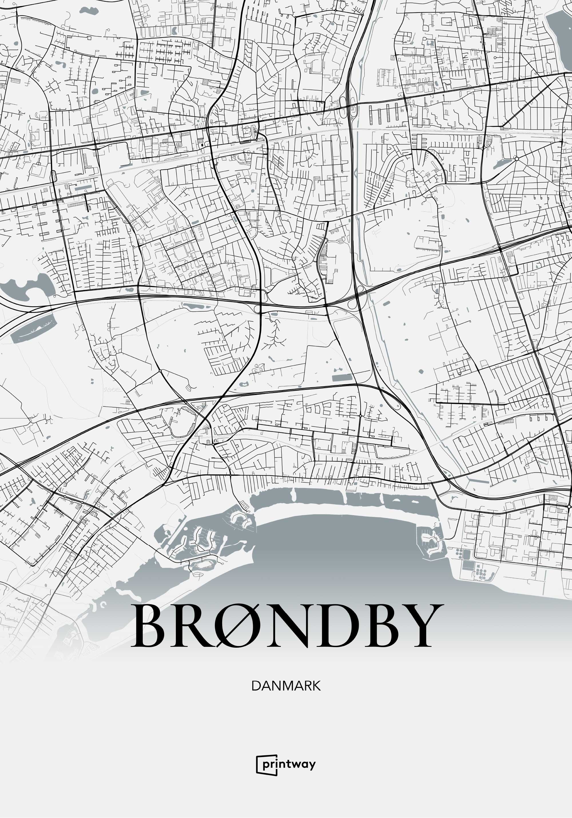 Brøndby Bykort Plakat – Hvid 70x100 cm til Unik Indretning
