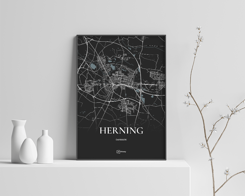 Herning Bykort Plakat - Minimalistisk Sort Design A4