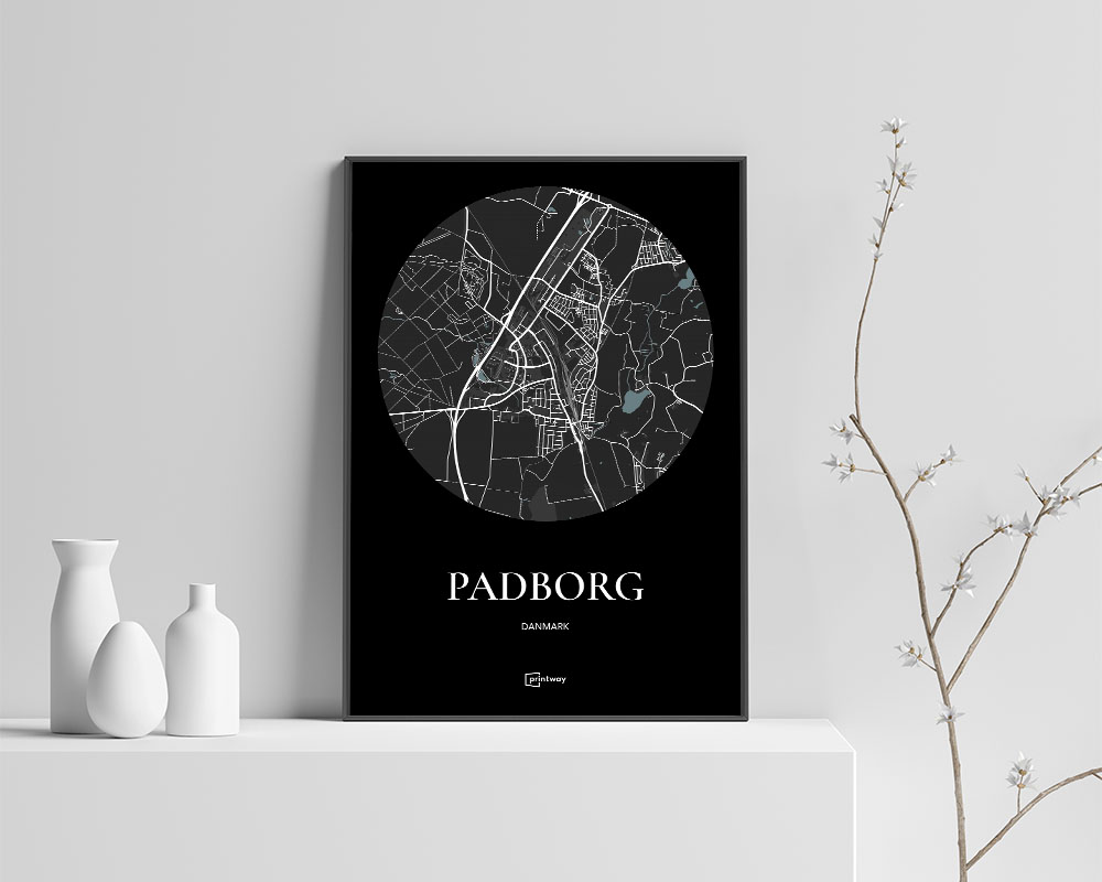 Padborg Bykort Plakat - Sort A4 Design til Hjemmet