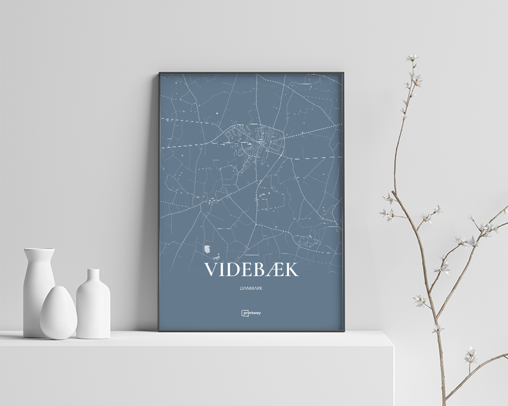 Videbæk Bykort Plakat - Havblå A4 Design 21x30 cm