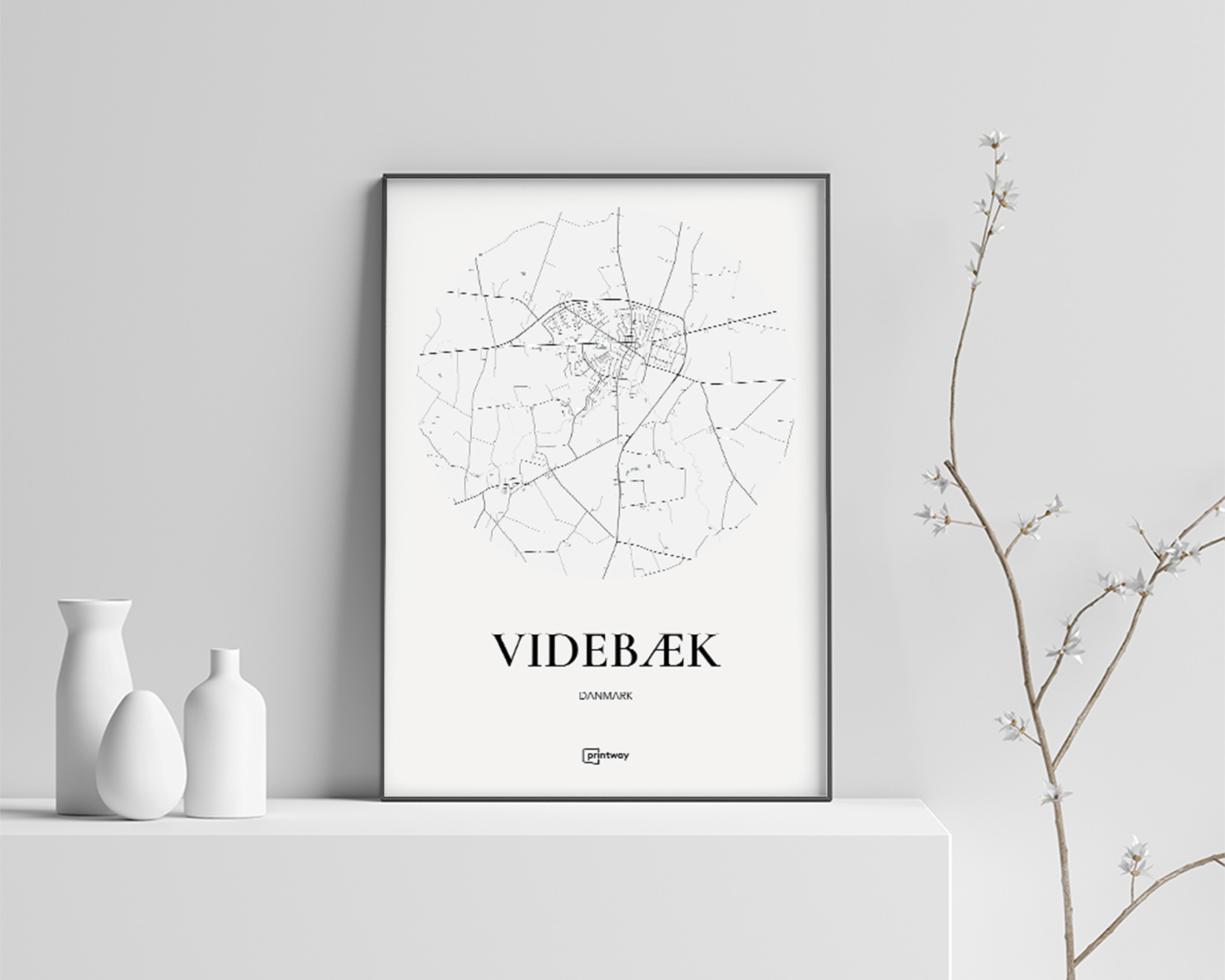Videbæk Bykort Plakat – Elegant Hvid 70x100 cm