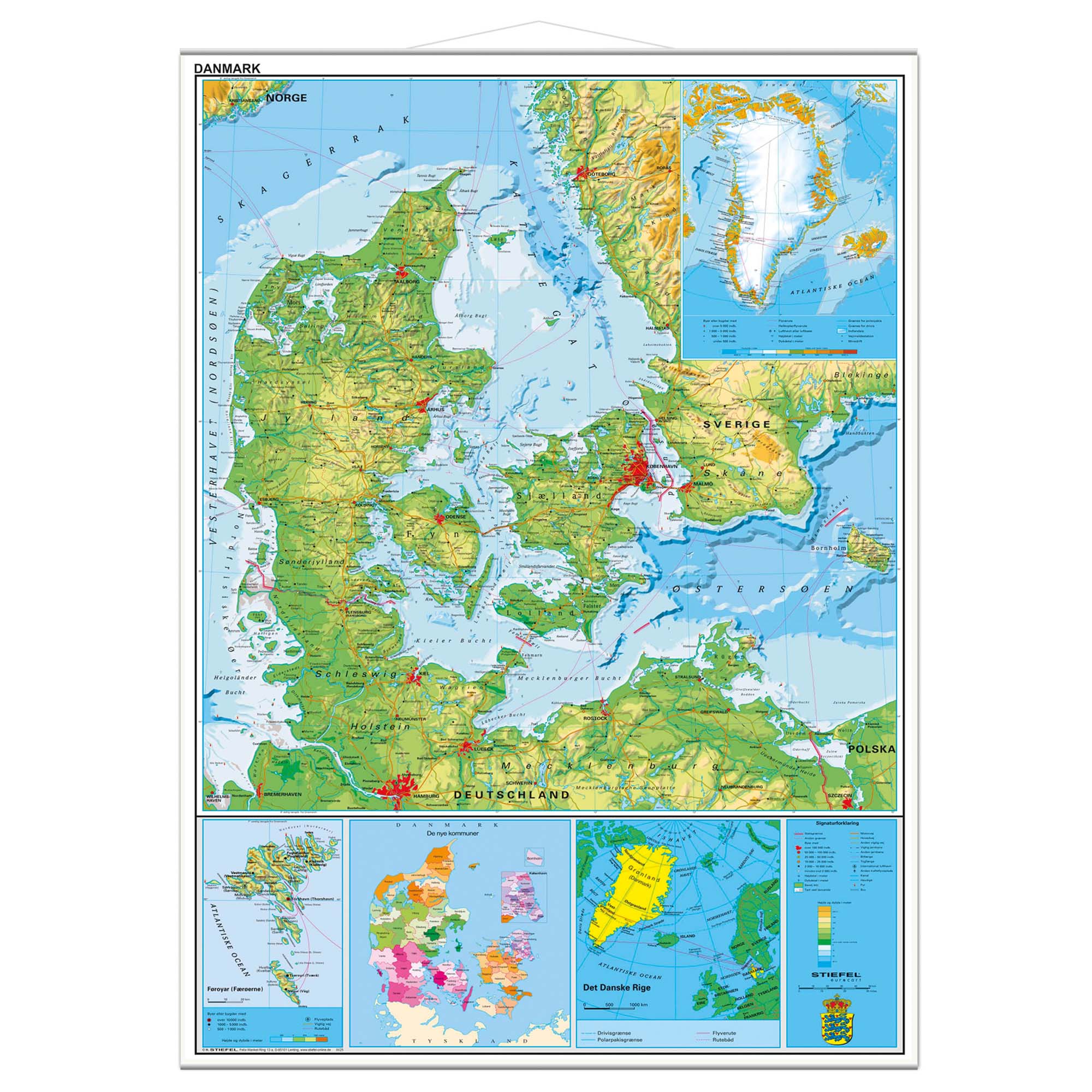 Rullet Danmarkskort 97 x 137 cm - Detaljeret Vægpynt