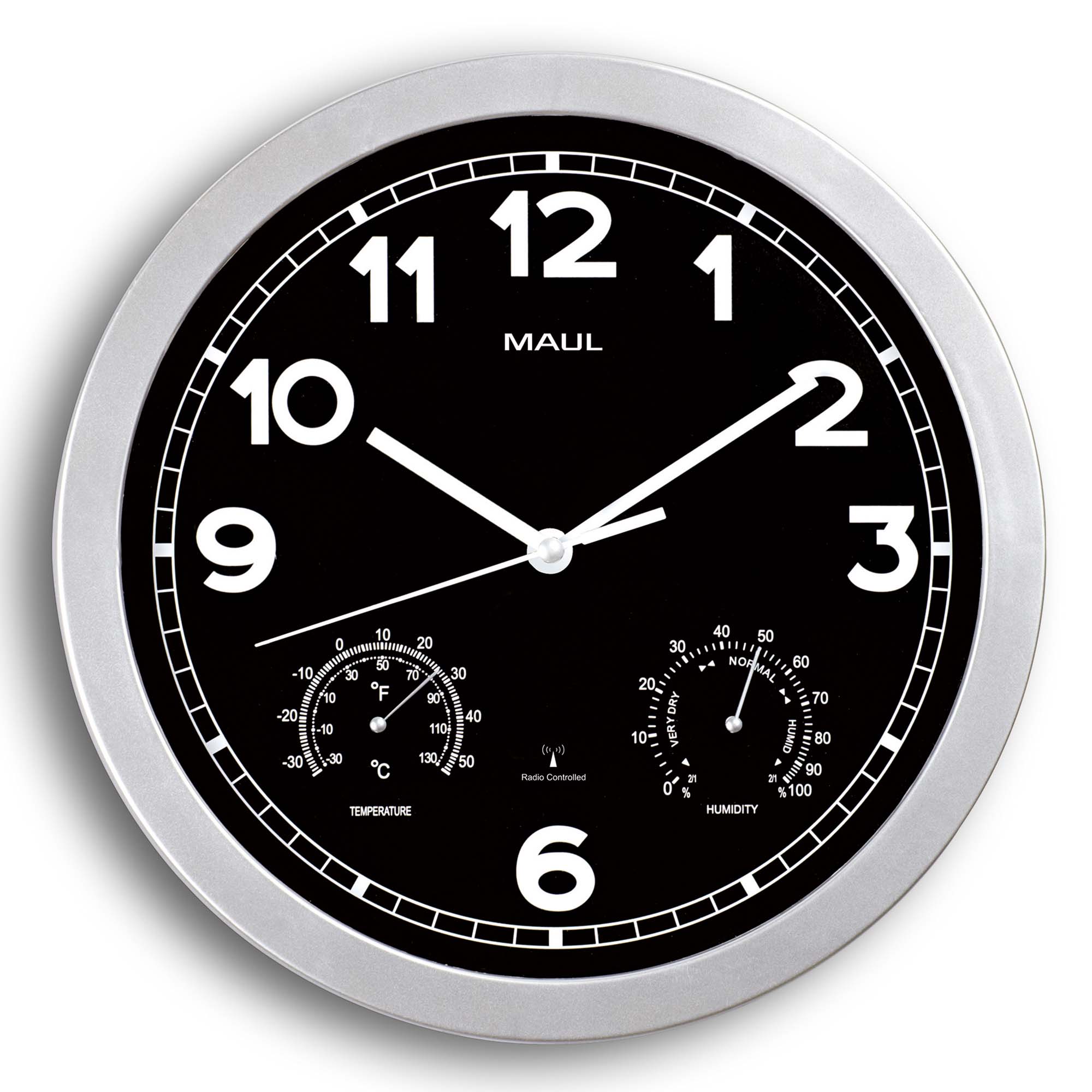 Radiostyret vægur med termometer og hygrometer, Sølv, MAULdrive Ø30 cm